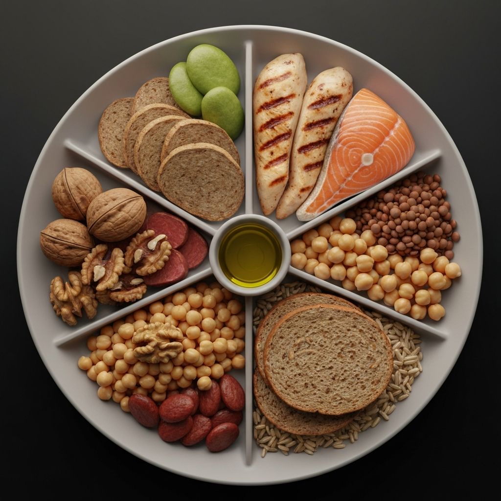 Visual representation of balanced macronutrients with diverse food groups including proteins, fats, and carbohydrates